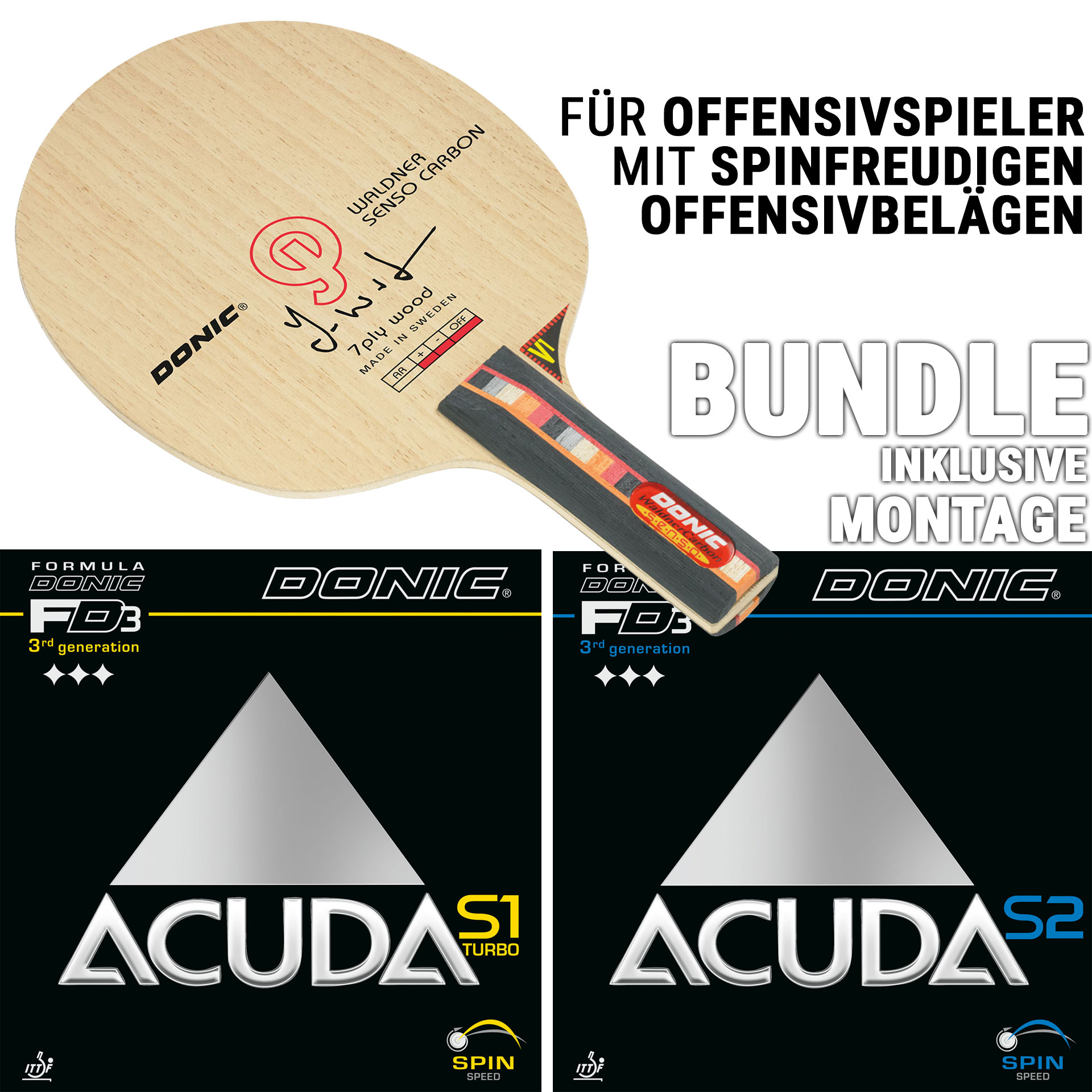 Bundle - DONIC WALDNER SENSO CARBON / ACUDA S1 TURBO / ACUDA S2 